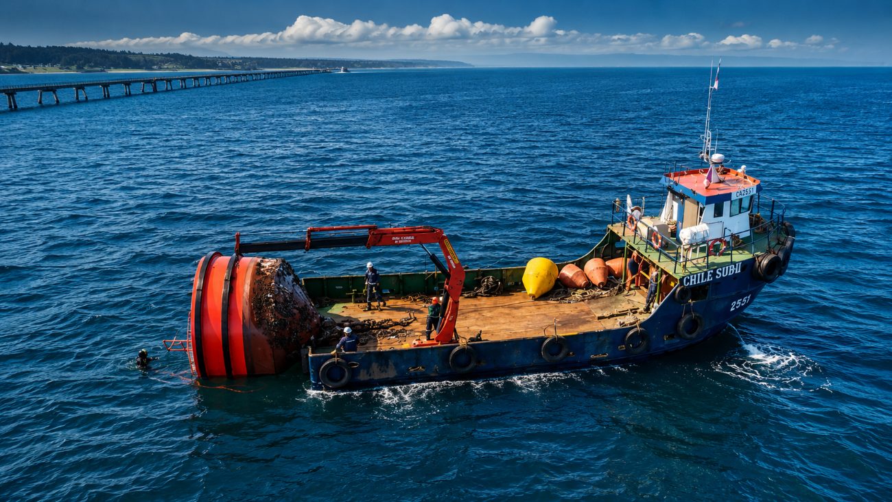 Embarcación Chile Sub II recuperando una boya de amarre con grúa frente a la costa de Coronel