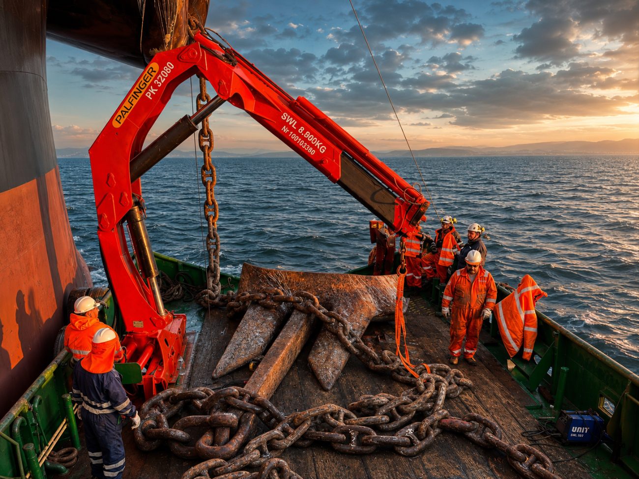 Cuadrilla recuperando ancla y cadena con grúa Palfinger sobre la cubierta de la embarcación al atardecer