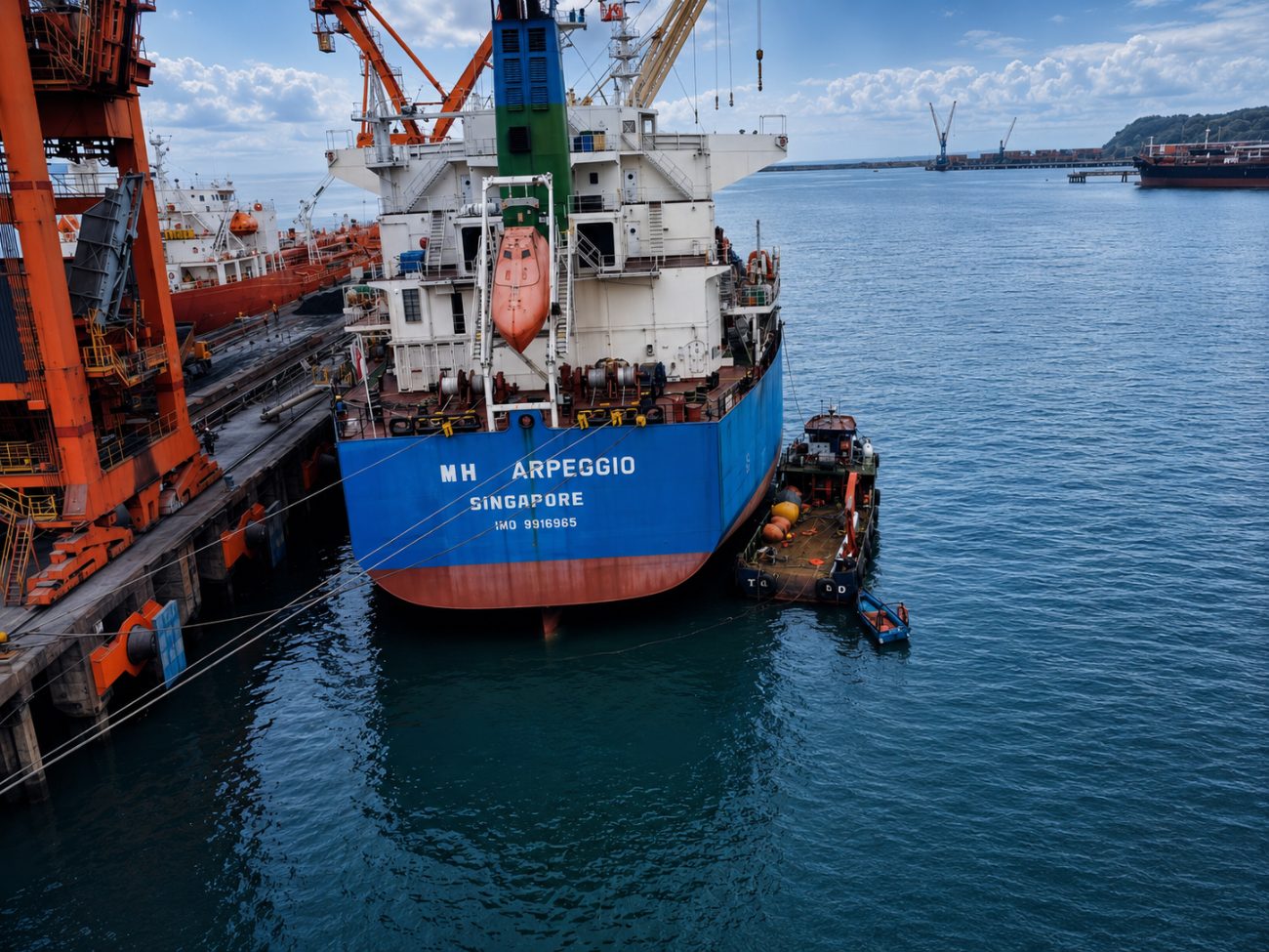 Embarcación de apoyo trabajando junto al casco de un buque carguero en muelle