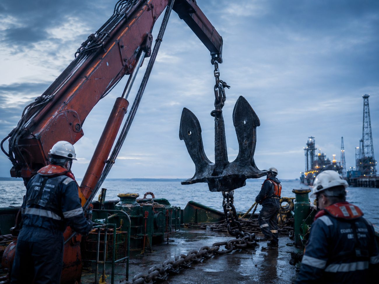 Izaje y recuperación de ancla con grúa desde la cubierta de la embarcación