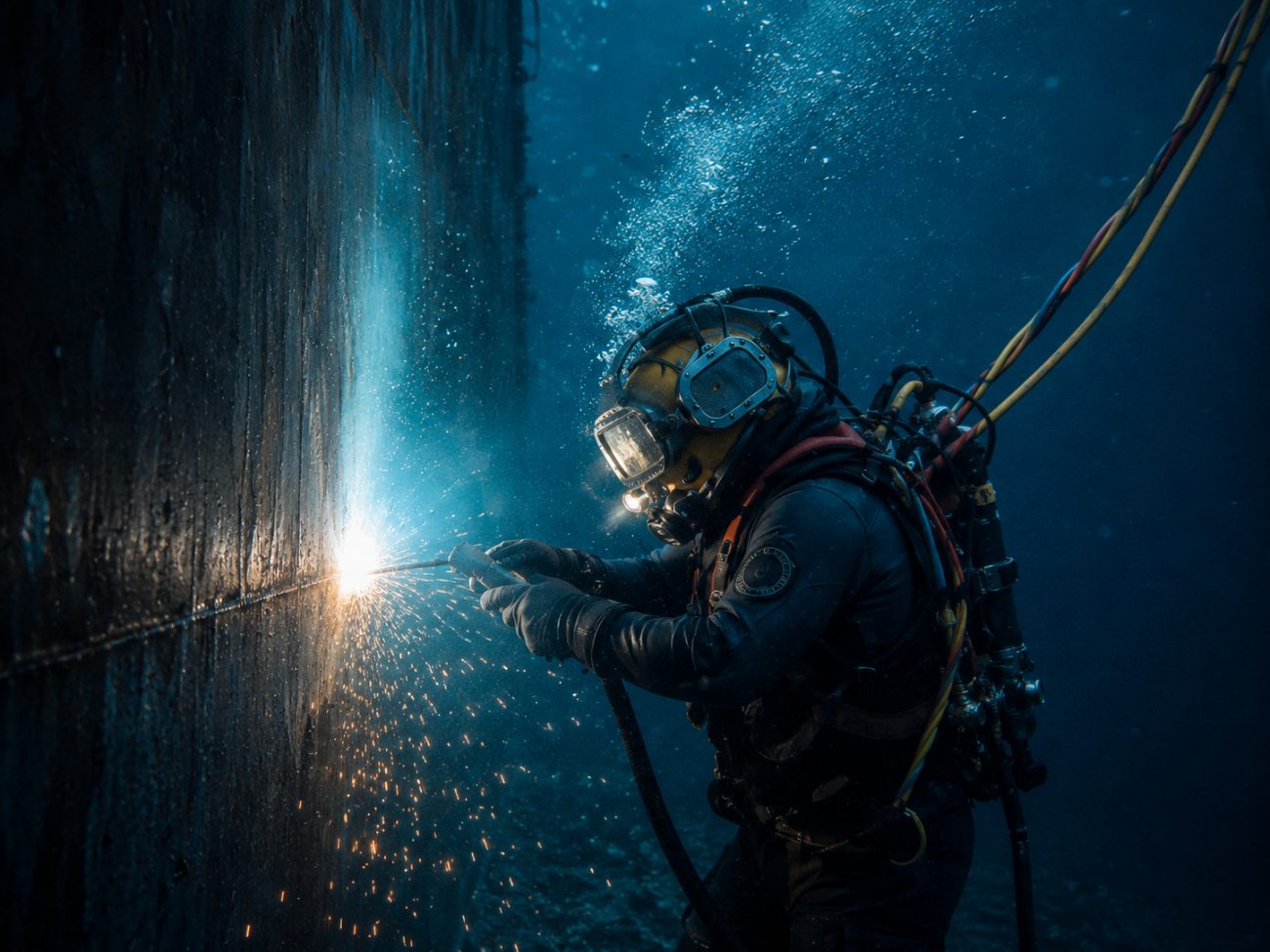 Buzo profesional ejecutando oxicorte submarino con chispas sobre estructura