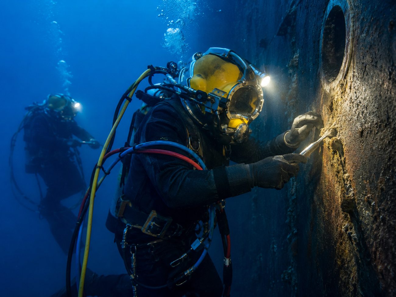 Buzo profesional con casco de buceo inspeccionando estructura submarina