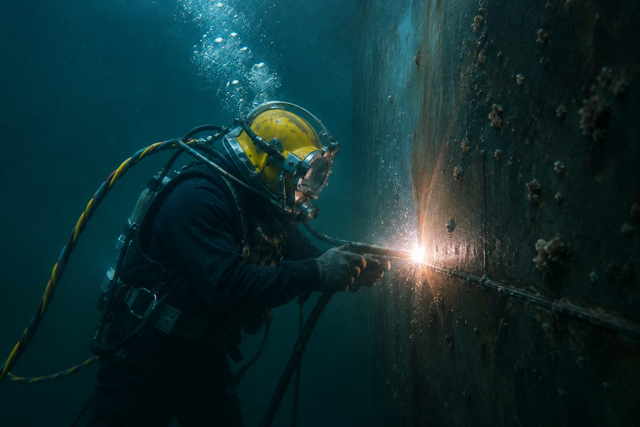 Buzo profesional con casco amarillo realizando soldadura submarina en el casco de una estructura